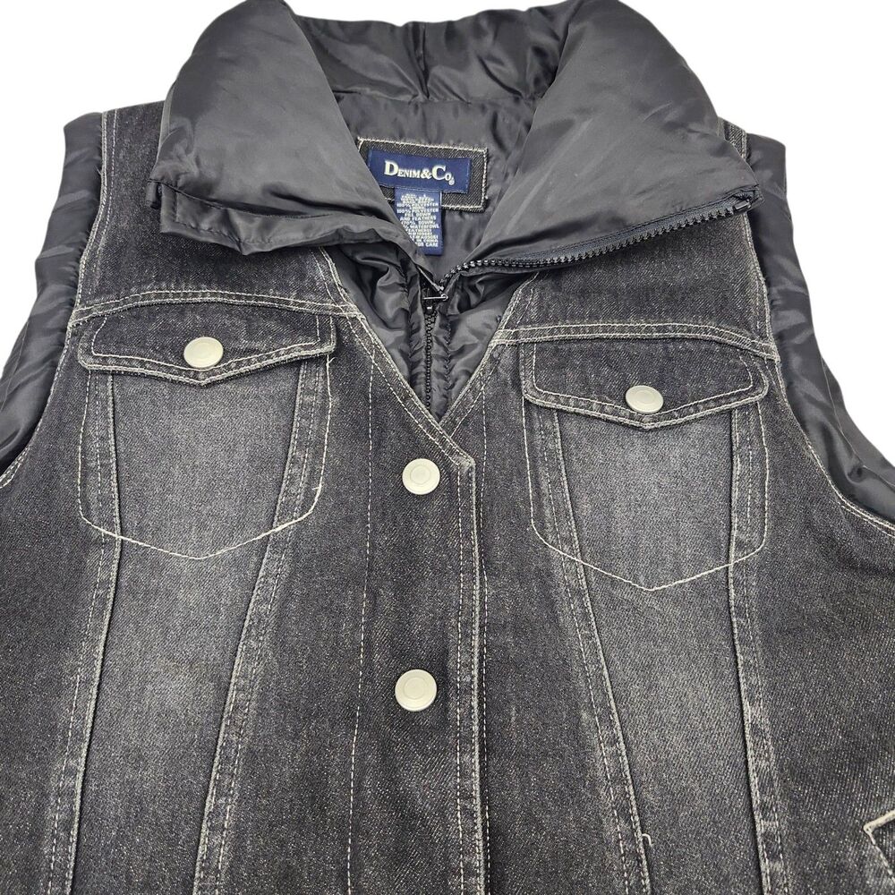 Denim and Co Black Denim Puffer Vest Womens Large Down Feather Fill Snap Zipper - Picture 5 of 12